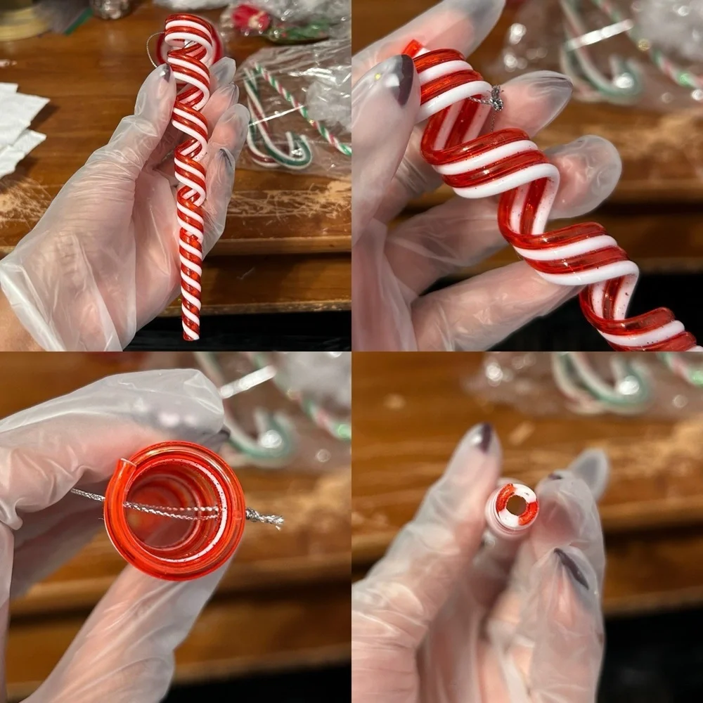 Red And White Striped Icicle and Bauble Christmas Ornaments - Set Of 3 -“Holly